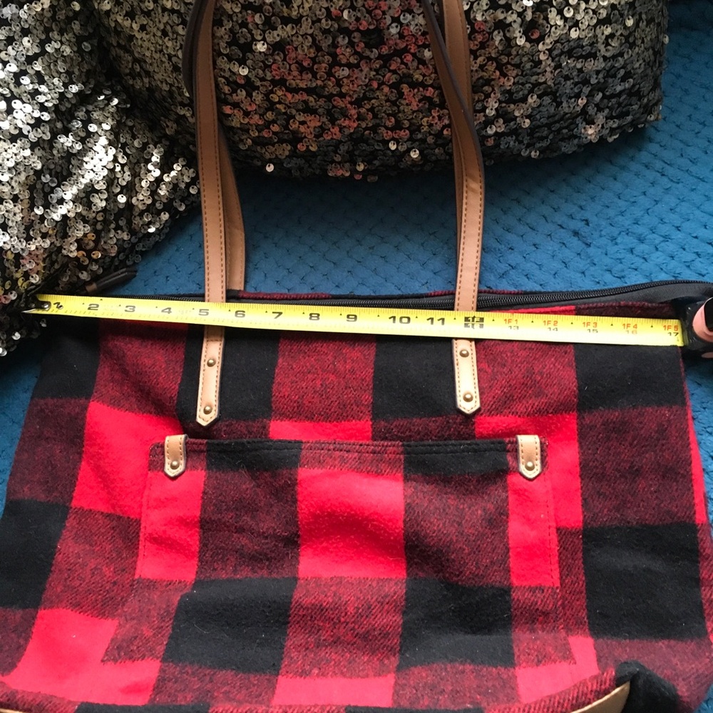 Red and Black Buffalo Plaid Tote Bag with Tan Handles, NEW!